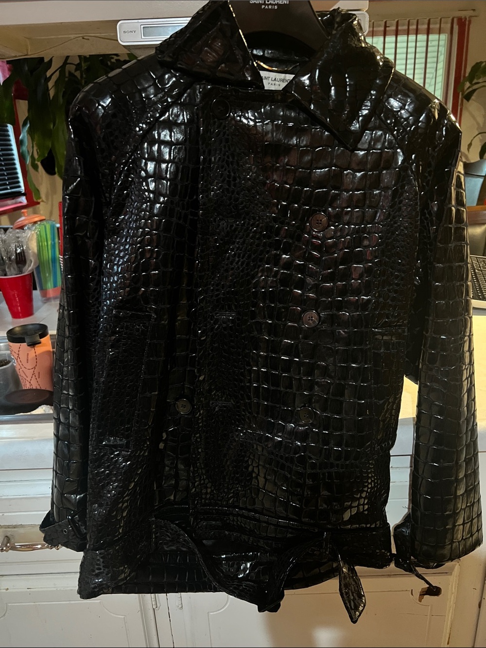 Saint Laurent Black Croc-Embossed Patent Trench Jacket